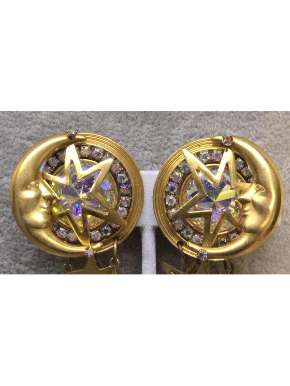 La Contessa Mary Demarco Clip Earrings Gold Tone Moon Stars Aurora Borealis - Picture 2 of 5